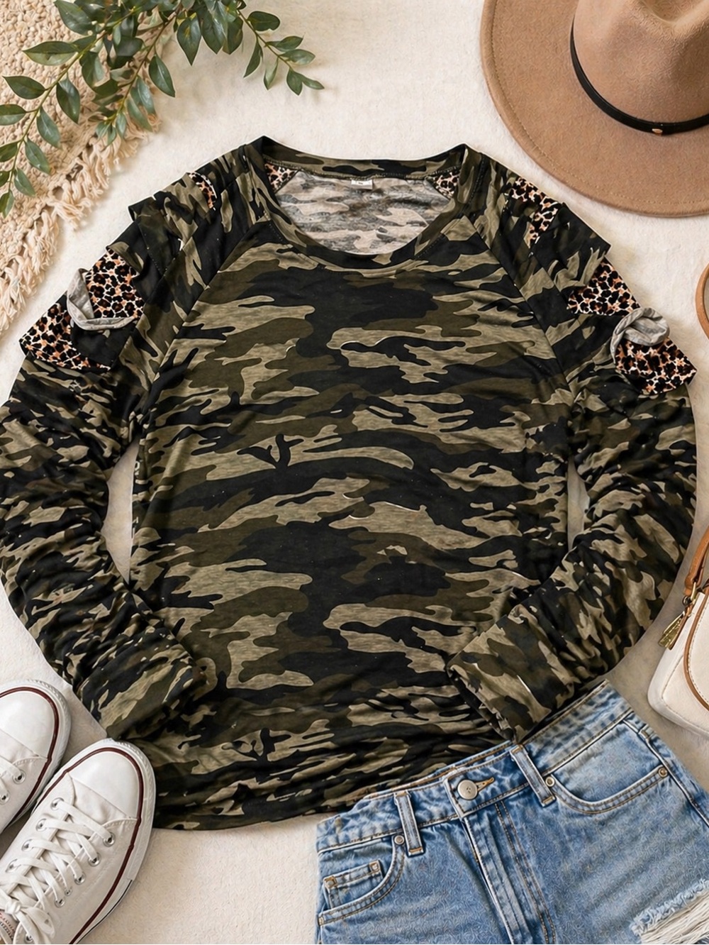 Camouflage Long Sleeve Top with Leopard Accents